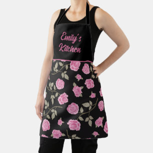 Elegant Pink Rose Floral Black Kitchen Apron