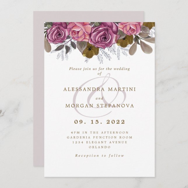 Elegant pink rose floral border script wedding invitation (Front/Back)
