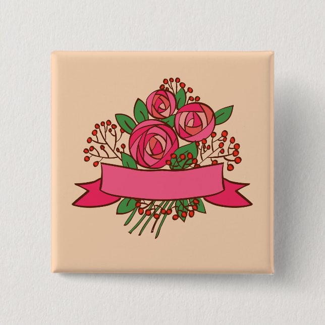Elegant Pink Rose Floral Bouquet Button (Front)