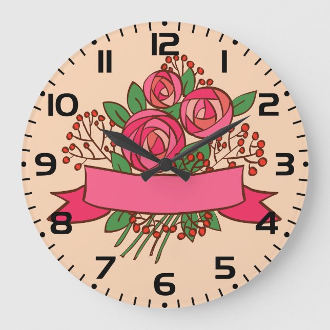 Elegant Pink Rose Floral Bouquet Large Clock (Front)