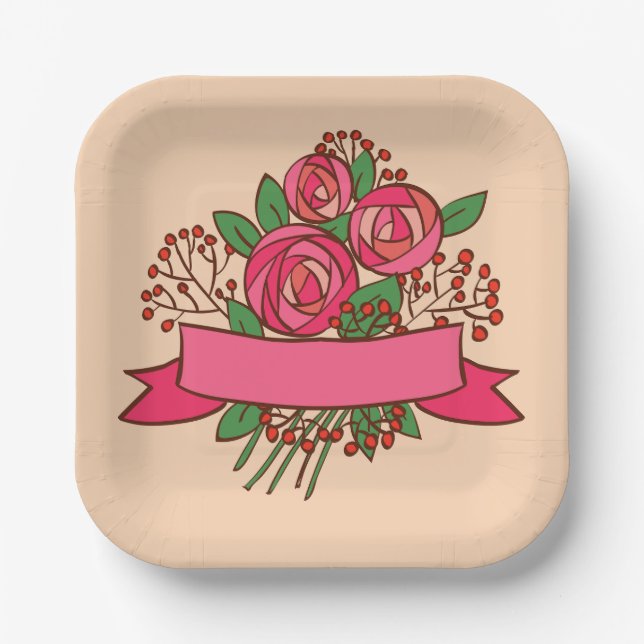 Elegant Pink Rose Floral Bouquet Paper Plates (Front)