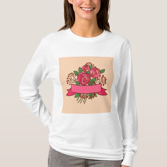 Elegant Pink Rose Floral Bouquet T-Shirt (Front)