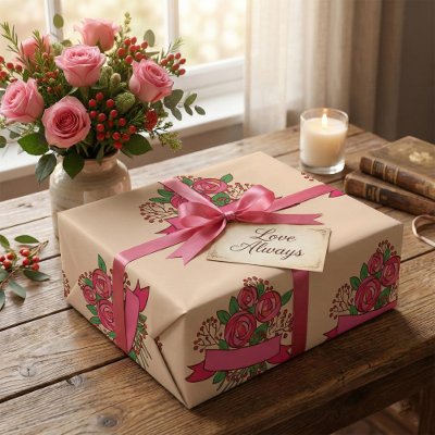 Elegant Pink Rose Floral Bouquet Wrapping Paper