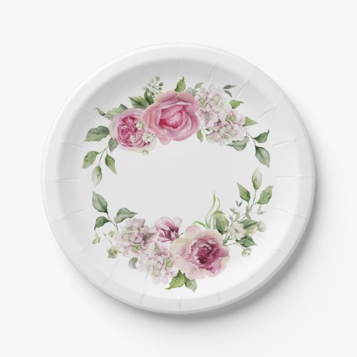 Elegant Pink Rose Floral Bridal Baby Shower Paper Plates