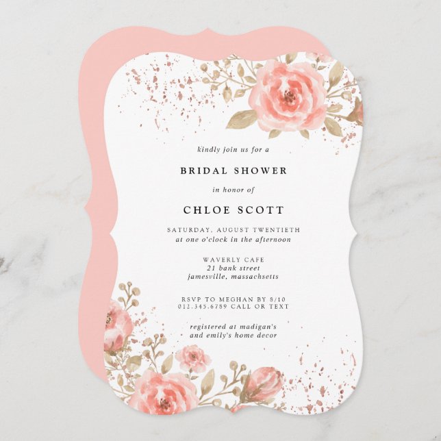 Elegant Pink Rose Floral Bridal Shower Invitation (Front/Back)