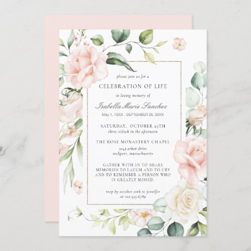 Elegant Pink Rose Floral Celebration of Life Invit Invitation