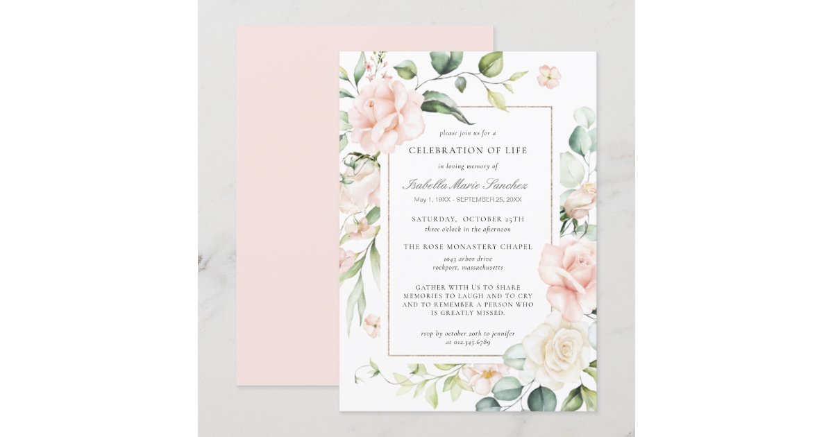 Invit Rose Elegant Pink Rose Floral Celebration of Life Invit Invitation | Zazzle