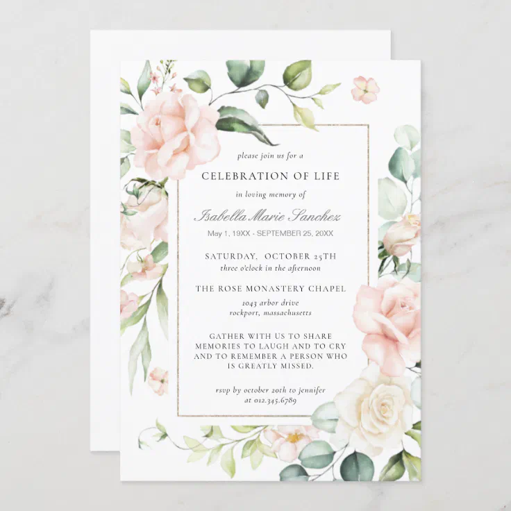 Elegant Pink Rose Floral Celebration of Life Invitation | Zazzle