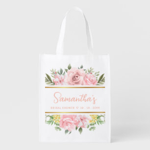 Elegant Pink Rose Floral Custom Bridal Shower Gift Grocery Bag
