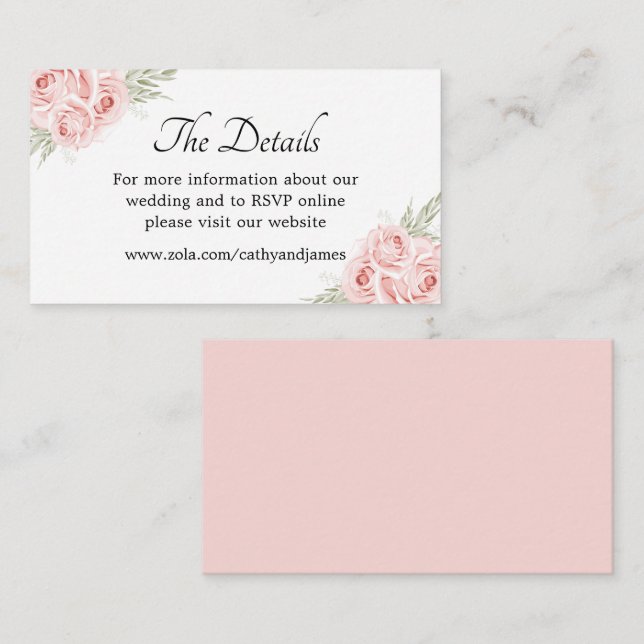 Elegant Pink Rose Floral Details Wedding Enclosure Card (Front/Back)