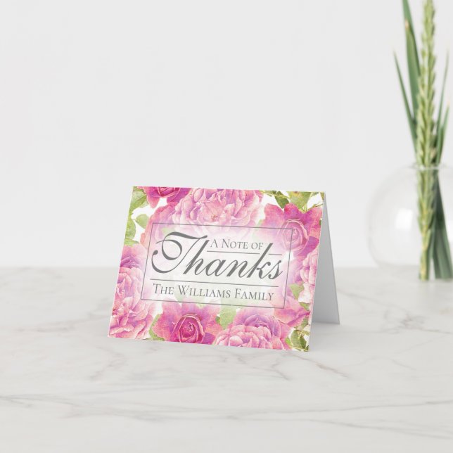 Elegant Pink Rose Floral Family Name Thank You Card (Front)