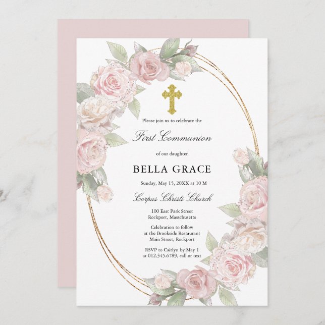 Elegant Pink Rose Floral First Communion Invitatio Invitation (Front/Back)