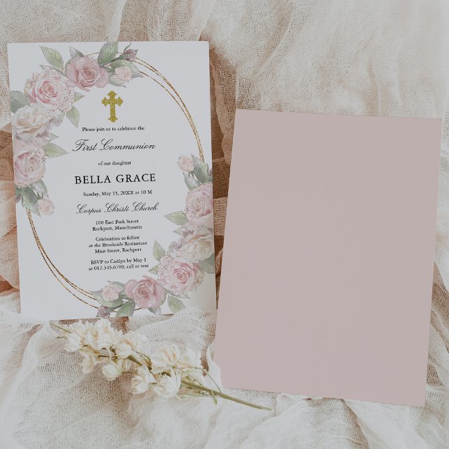 Elegant Pink Rose Floral First Communion Invitatio Invitation (Creator Uploaded)