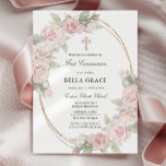 Elegant Pink Rose Floral First Communion Invitation