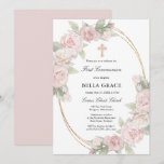 Elegant Pink Rose Floral First Communion Invitation