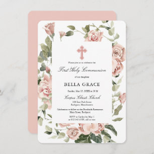 Elegant Pink Rose Floral First Holy Communion Invitation