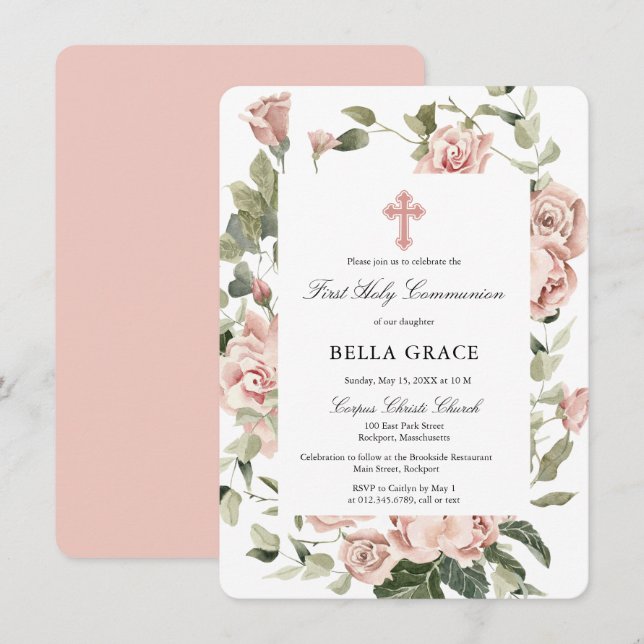 Elegant Pink Rose Floral First Holy Communion Invitation (Front/Back)