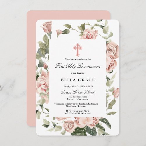 Elegant Pink Rose Floral First Holy Communion Invitation