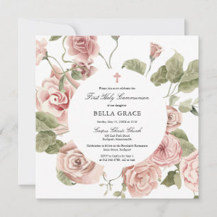 Elegant Pink Rose Floral First Holy Communion Invitation