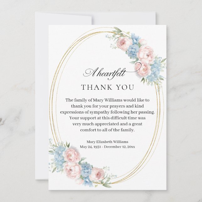 Elegant Pink Rose Floral Funeral Thank You Card (Front)