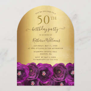 Elegant Pink Rose Floral Gold 50th Birthday Party Invitation