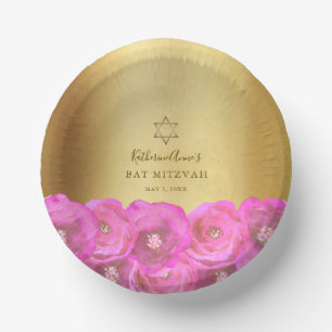 Elegant Pink Rose Floral Gold Bat Mitzvah Paper Bowls