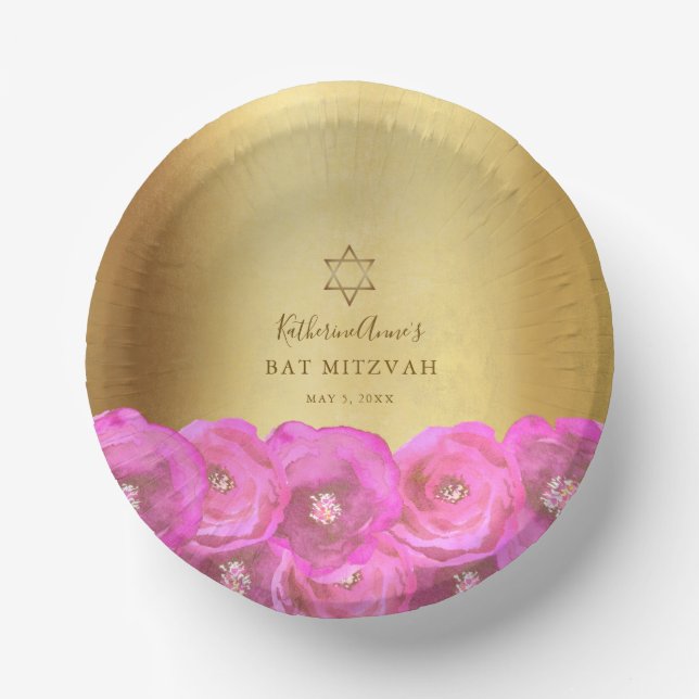Elegant Pink Rose Floral Gold Bat Mitzvah Paper Bowls (Front)