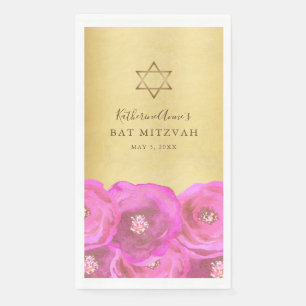 Elegant Pink Rose Floral Gold Bat Mitzvah Paper Guest Towels