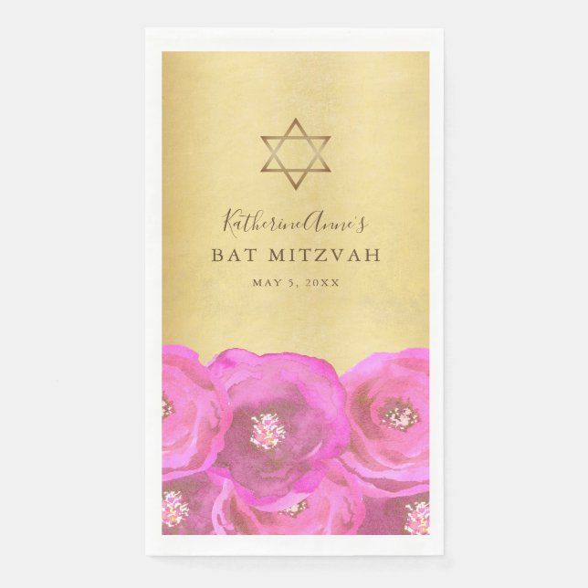Elegant Pink Rose Floral Gold Bat Mitzvah Paper Guest Towels (Front)