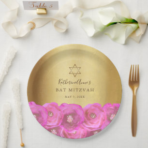 Elegant Pink Rose Floral Gold Bat Mitzvah Paper Plates