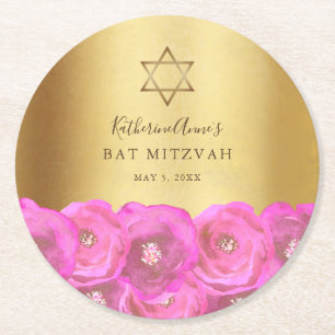 Elegant Pink Rose Floral Gold Bat Mitzvah Round Paper Coaster