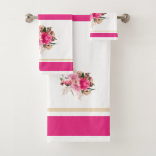 Elegant Pink Rose Floral Gold Bouquet Bath Towel Set