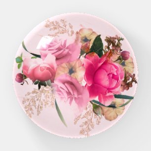Elegant Pink Rose Floral Gold Bouquet Paperweight