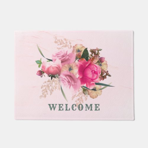 Elegant Pink Rose Floral Gold Bouquet Welcome Doormat