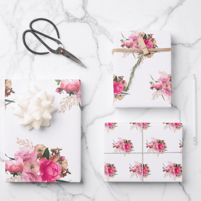 Elegant Pink Rose Floral Gold Bouquet Wrapping Paper Sheets (Front)
