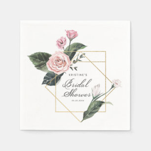 Elegant Pink Rose Floral Gold Frame Bridal Shower Napkins