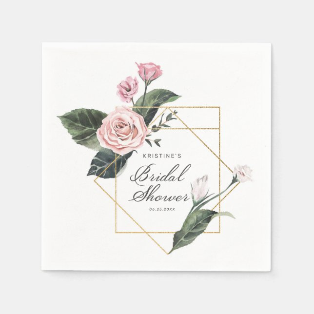 Elegant Pink Rose Floral Gold Frame Bridal Shower Napkins (Front)