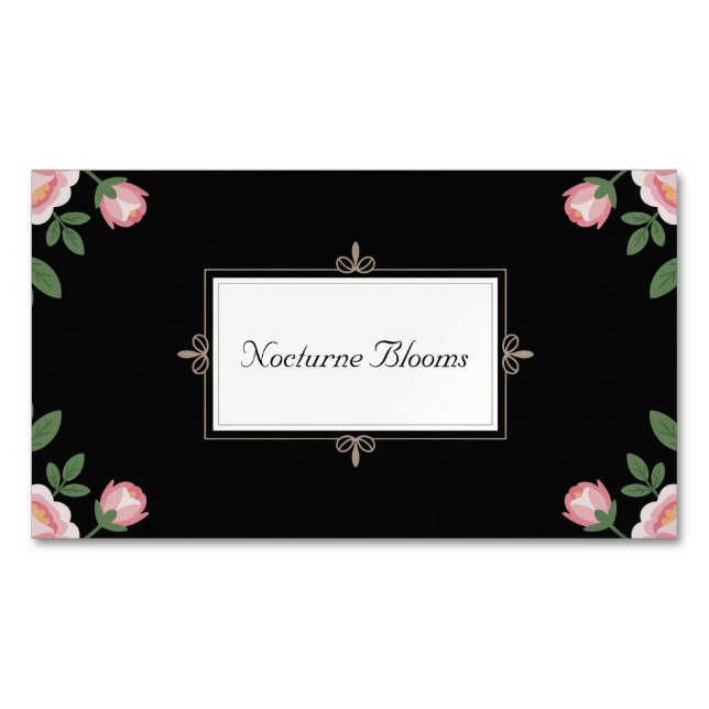 Elegant Pink Rose Floral Gold Scroll Black Business Card Magnet (Front)