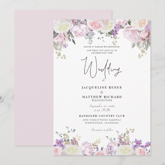 Elegant Pink Rose Floral  Invitation (Front/Back)