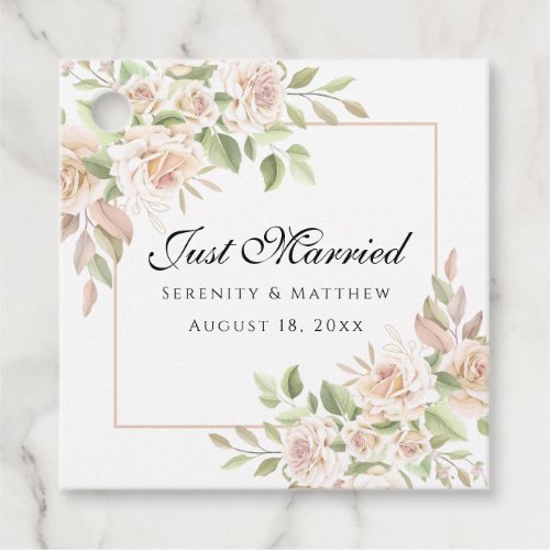 Elegant Pink Rose Floral Just Married Wedding Favor Tags