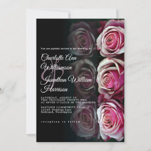 Elegant Pink Rose Floral Mirrored Black Wedding Invitation