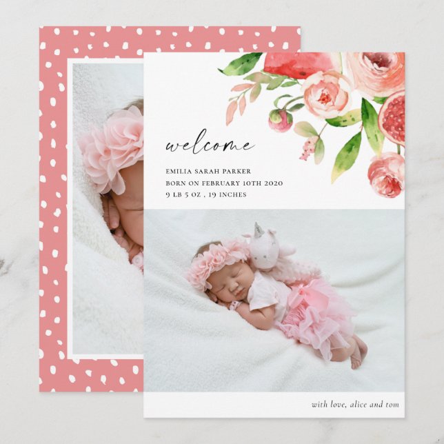 Elegant Pink Rose Floral Photo Baby Birth Announcement (Front/Back)