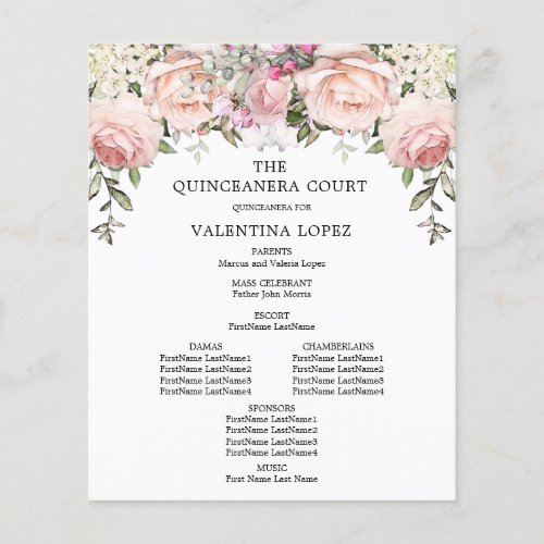 Elegant Pink Rose Floral Quinceanera Program