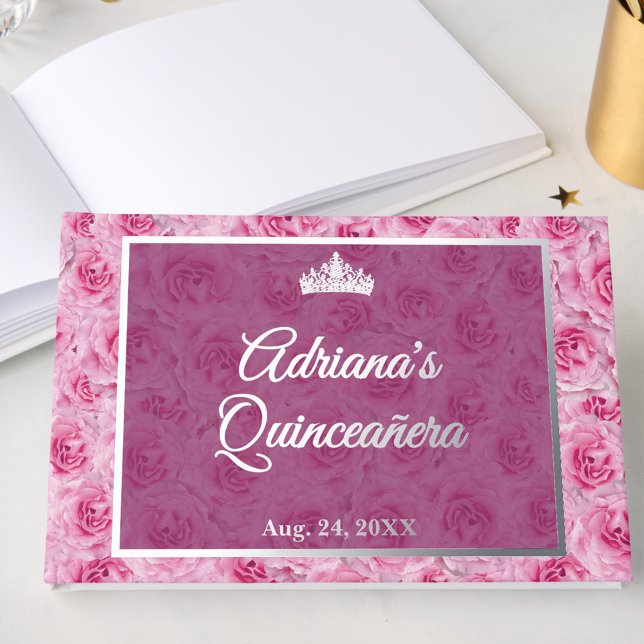Elegant Pink Rose Floral Quinceanera Silver Foil Guest Book (Creator Uploaded)