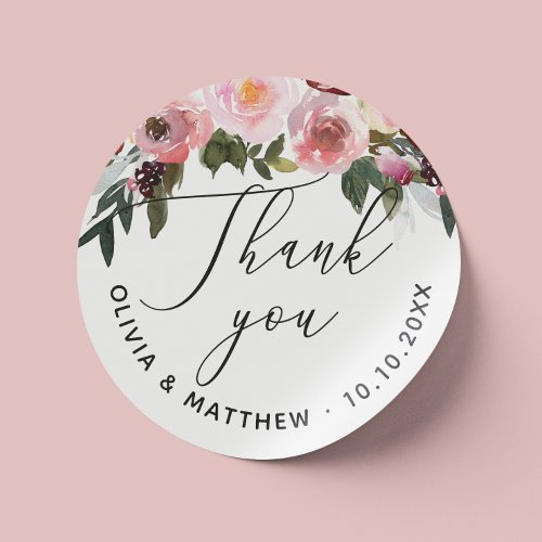 Elegant pink rose Floral script wedding thank you Classic Round Sticker