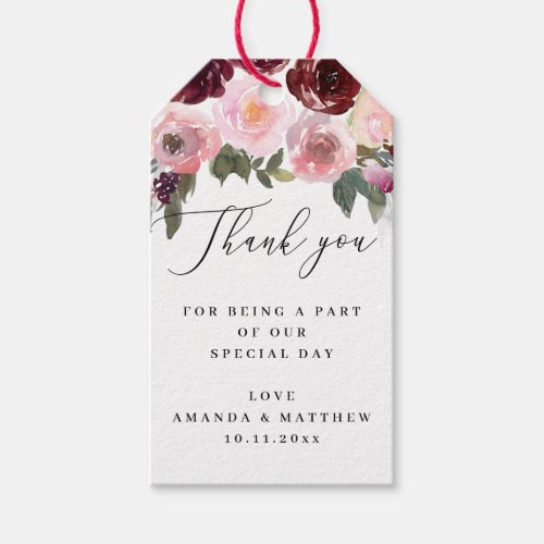 Elegant pink rose Floral script wedding thank you Gift Tags