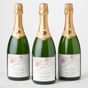 Elegant Pink Rose Floral Script Wedding Thank You Sparkling Wine Label