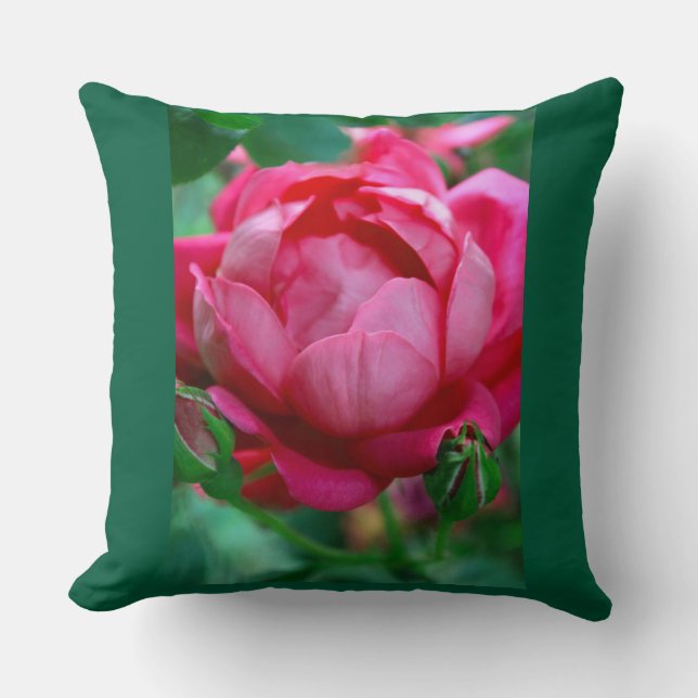 Elegant Pink Rose Floral Throw Pillow with Dark Gr (Front)