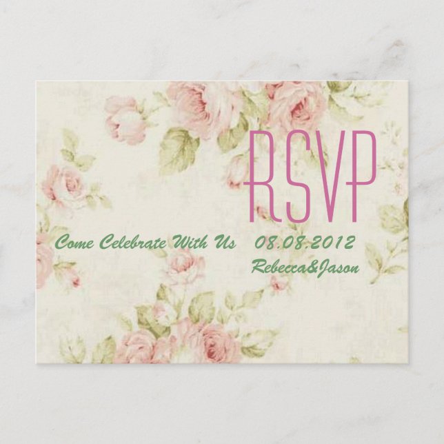 elegant Pink  rose Floral vintage  wedding RSVP Invitation Postcard (Front)