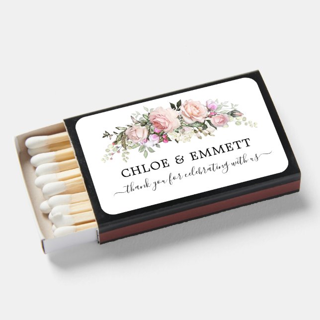 Elegant Pink Rose Floral Wedding Matchboxes (Front Open)